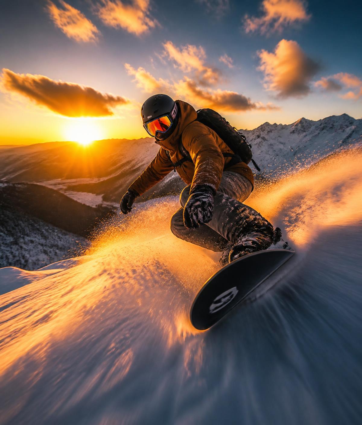 Snowboarder carving through powder at sunset shot from a chase drone