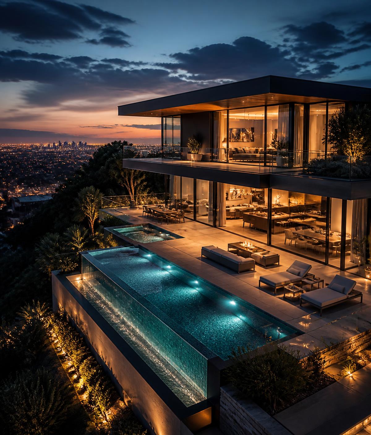 Aerial twilight view of a modern luxury home with lit infinity pool